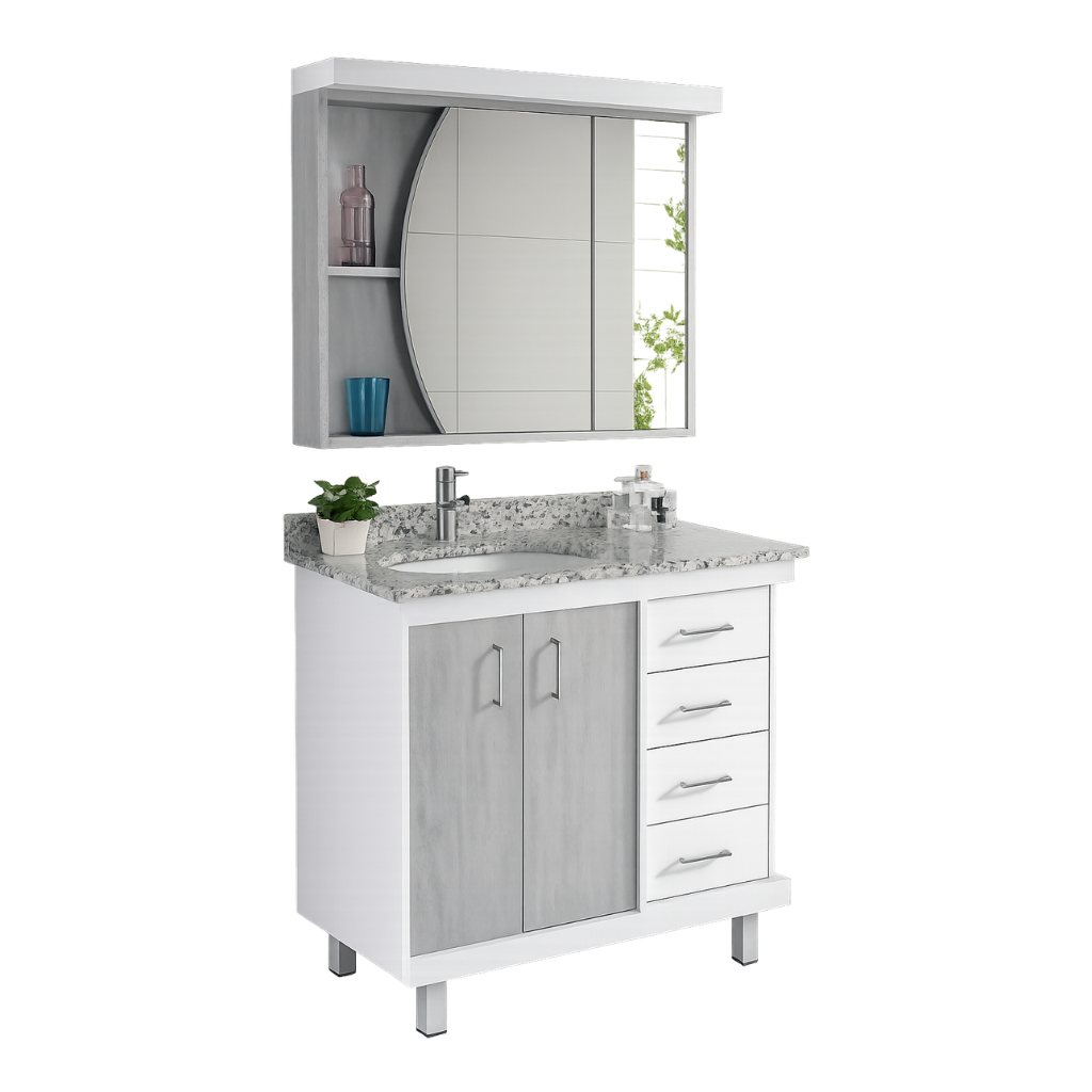 Conjunto Balcão de Banheiro 80cm Cris Cinza e Branco com Espelheira Trex