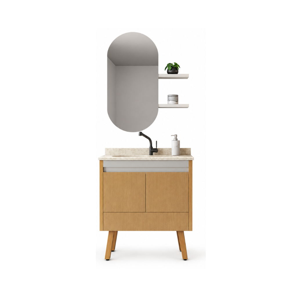 Conjunto Balcão de Banheiro 80cm Leni Amadeirado com Espelheira Gaam
