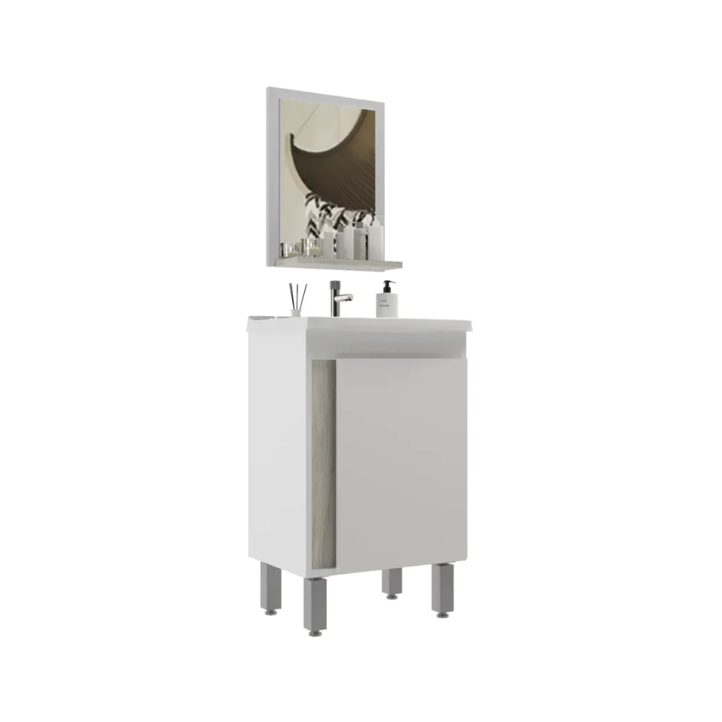Conjunto Balcão de Banheiro 45cm Smart Branco e Carvalho com Espelheira Belizze
