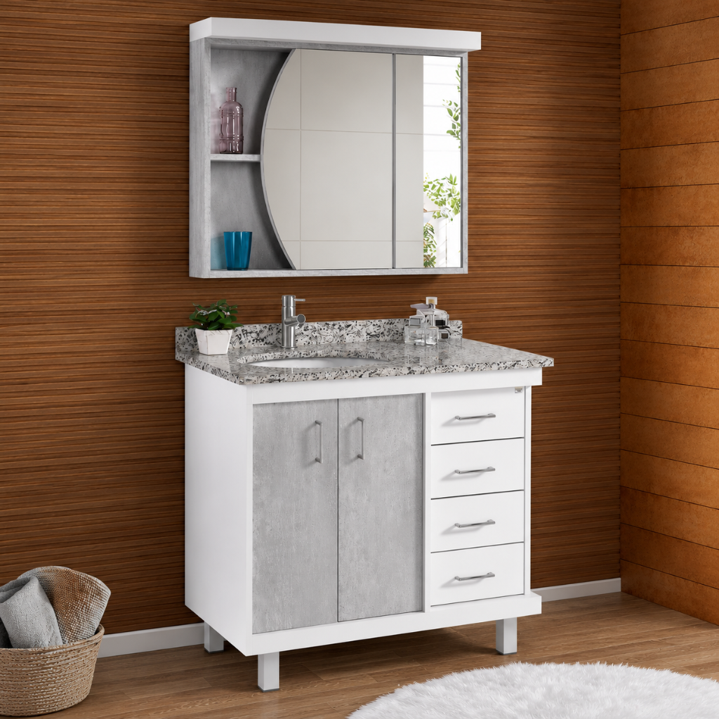 Conjunto Balcão de Banheiro 80cm Cris Cinza e Branco com Espelheira Trex