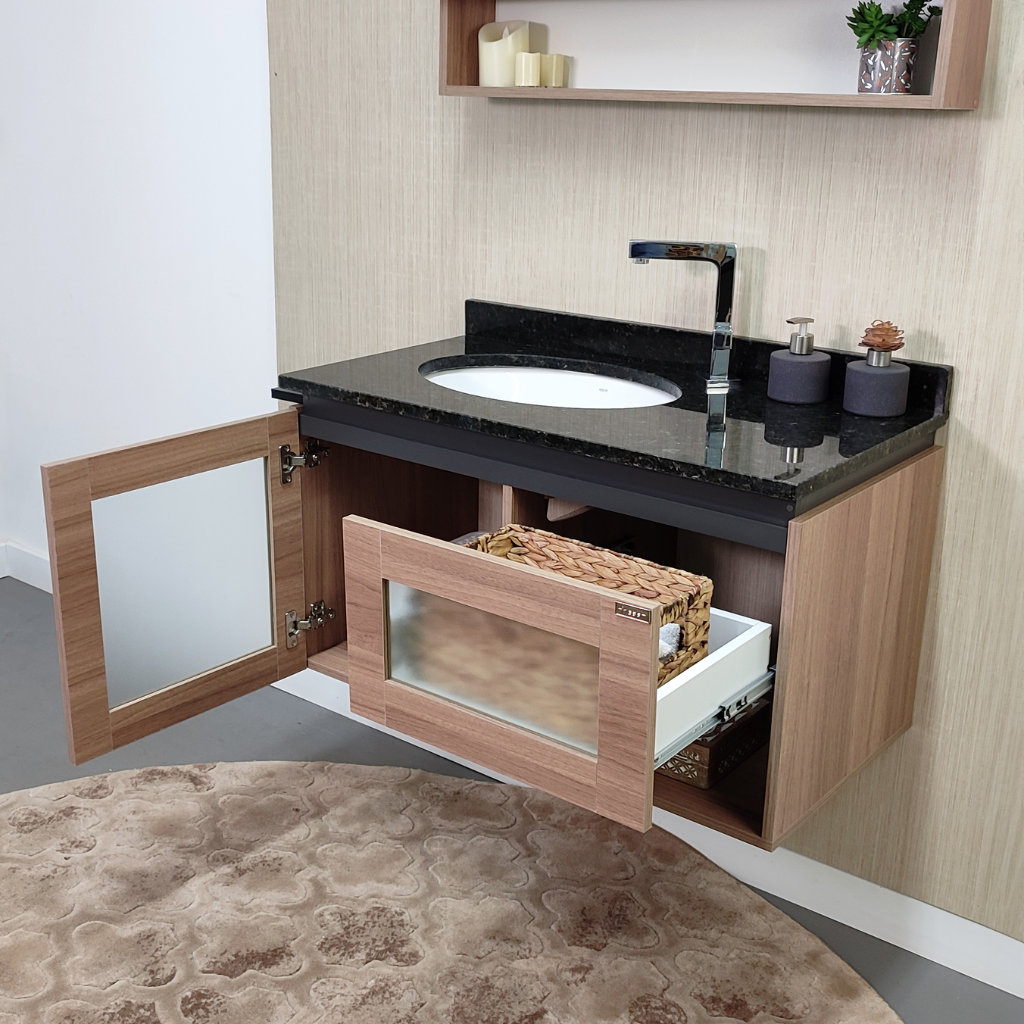 Conjunto Balcão de Banheiro 80cm Verre Amandeirado com Espelheira Gaam